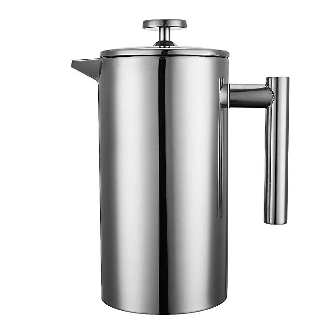 Double Wall Stainless Steel French Coffee Press with 2 extra Screen Filters, 1 Liter/34 oz Coffee Maker