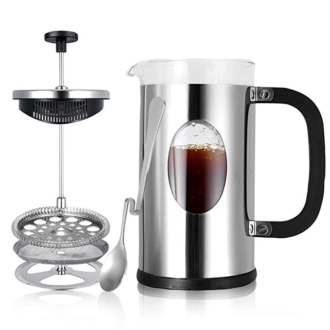French Coffee Press Coffee Maker - Heat Resistant Borosilicate Glass and 4 Level Filtration 304 Grade Stainless Steel(8 cup,34 oz) - Perfect To Make Fresh French Coffee, Tea, Espresso