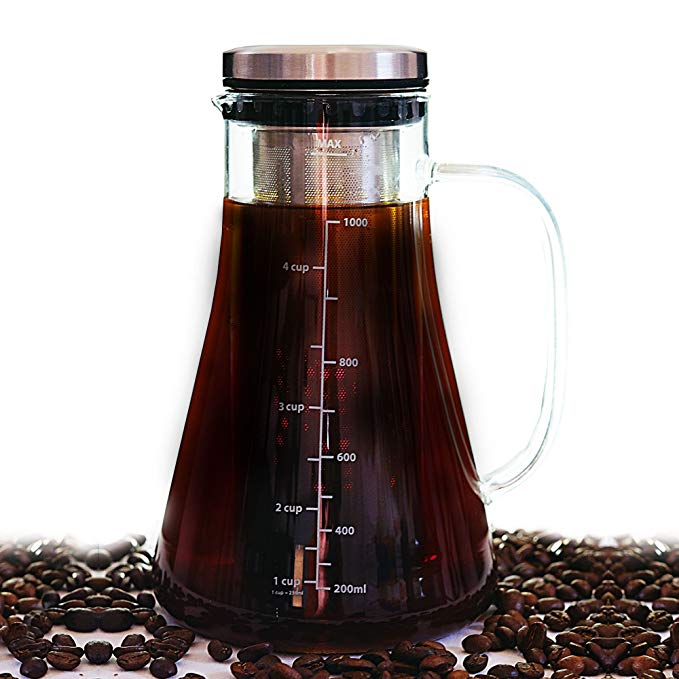 Cold Brew Coffee Maker- Premium Build 2.5mm thick Brewing Glass Carafe with Removable Stainless Steel Filter and Airtight Lid | Hold 1L | Brew Hot or Cold Tea or Coffee | Free E-books Included