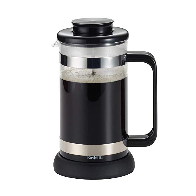 BonJour Coffee Borosilicate Glass French Press with Coaster & Scoop, 33.8-Ounce, Riviera, Black