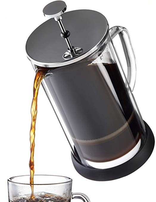 French Press Coffee Maker 34 oz - Innovative Double Glass Design Holds Heat, Dual Filters Provide a Smooth Brew - Includes 2 Additional Mesh Filters