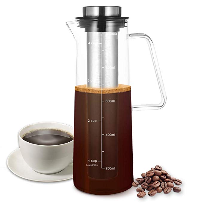 Iced Coffee Maker Cold Brew Fruit teapot Borosilicate Glass Bottle - Heat Resistant and Cold Resistant Large Capacity with Scale - Removable Stainless Steel Filter(34 ounces/8 cups)
