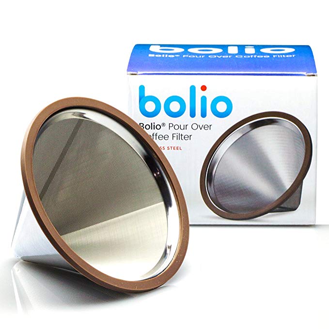 Pour Over Coffee Filter - Food Grade Stainless Steel Double Wall & Reusable Cone Dripper -Perfect for Barista Warrior Kitchables, Goldtone, Hiware, Chemex, Hario V60 Pour Over Coffee Makers By Bolio