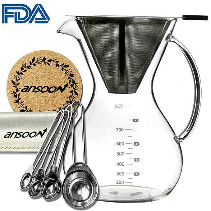 Ansoon Pour Over Coffee Maker, Pour Over Coffer Dripper and Coffee Scoop Set, Coffee Glass Filter Pot, French Press with Permanent Stainless Steel Mesh Filter (800 ml / 27 oz, 2-5 + cups)