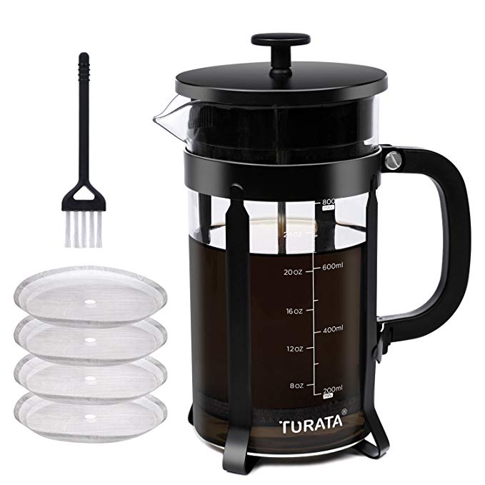French Press Coffee Maker TURATA French Press Kit Machine 4 Stainless Steel Filter with Scale Line and Brush Best Gift 8 Cup 34 Oz (1L)