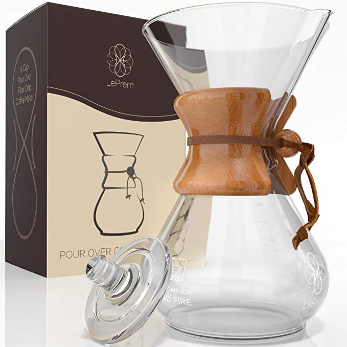 Pour Over Coffee Maker Hand Blown - Classic 6 Cup Hand Drip Brewer - Strong Borosilicate Glass with Lid, Easy Clean and Better Tasting Coffee