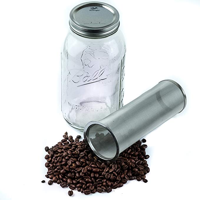 Cold Brew Coffee Maker Kit - 2 Quart (64 ounces) - Brew Delicious Cold Brew Coffee and Infuse Iced Tea with this Stainless Steel Filter and Wide Mouth Ball Mason Jar Kit at Home - 150 Micron Mesh