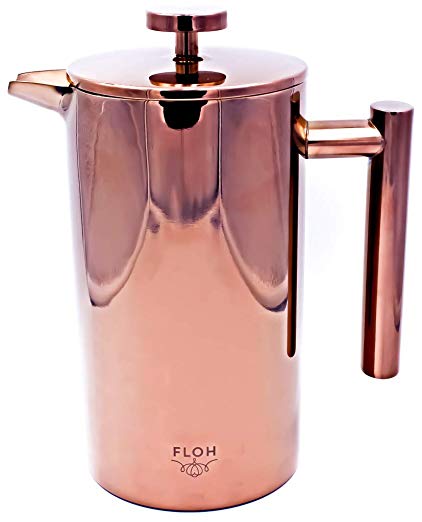 FLOH French Press for Coffee & Tea in Rose Gold Copper - Large 4 Cup Insulated Stainless Steel Coffee Maker