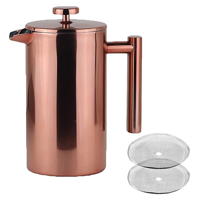 LA JOLIE MUSE French Press Coffee Maker Copper Finish with 2 Extra Screen Filters, 34 OZ Double Walled Insulated Stainless Steel, Stylish Design