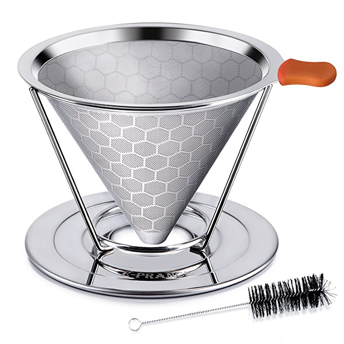 E-PRANCE Honeycombed Stainless Steel Coffee Filter, Reusable Pour Over Coffee Filter Cone Coffee Dripper with Removable Cup Stand and Bonus Brush(2nd Generation)