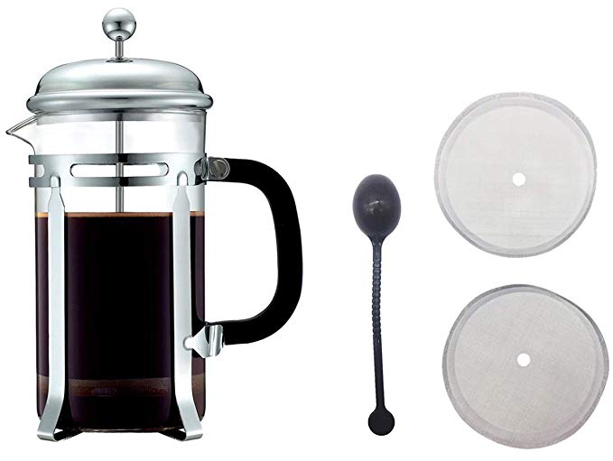 HEY~LIFE French Coffee Press - Stainless Steel Coffee Maker 34oz, 1L With 1 Spoon and 2 Filter