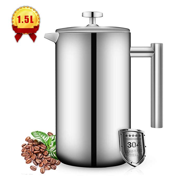 French Press Coffee Maker Double Walled Stainless Steel(50 Oz-1.5L) Coffee/Tea Maker with Extra Filter Screens,Dishwasher Safe （12 Cup）