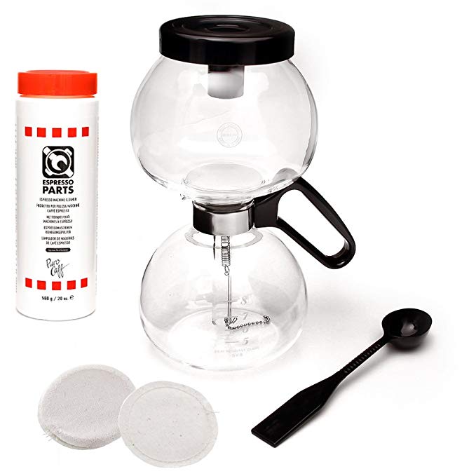 Yama Glass Siphon Coffee Maker, Cleaner and Filter Set | 8-cup (40 ounce) Siphon (YAMSY8), Puro Caff Espresso Cleaner (20 ounce), and 5-pack Cloth Filter Refill Set