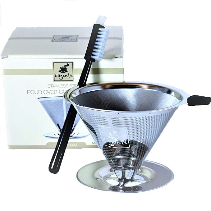 Eligantè COFFEE DRIPPER STAINLESS STEEL w/ Free Cleaning Brush. Pour Over Coffee Large 4 Cups (Double Mesh)