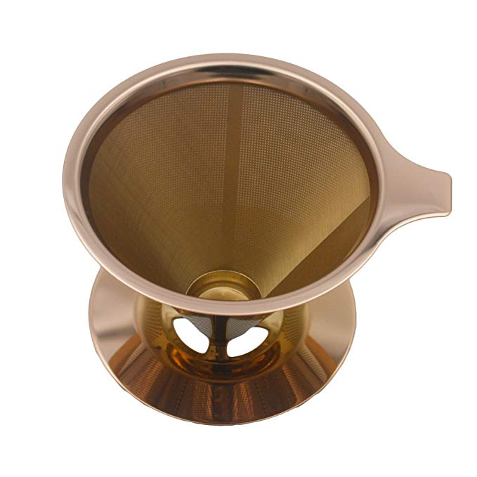 YUESHICO Cone Coffee Double layer Mesh Filter Reusable Coffee Dripper Pour Over with Stand Holder Cafe Tool (Copper Coating)