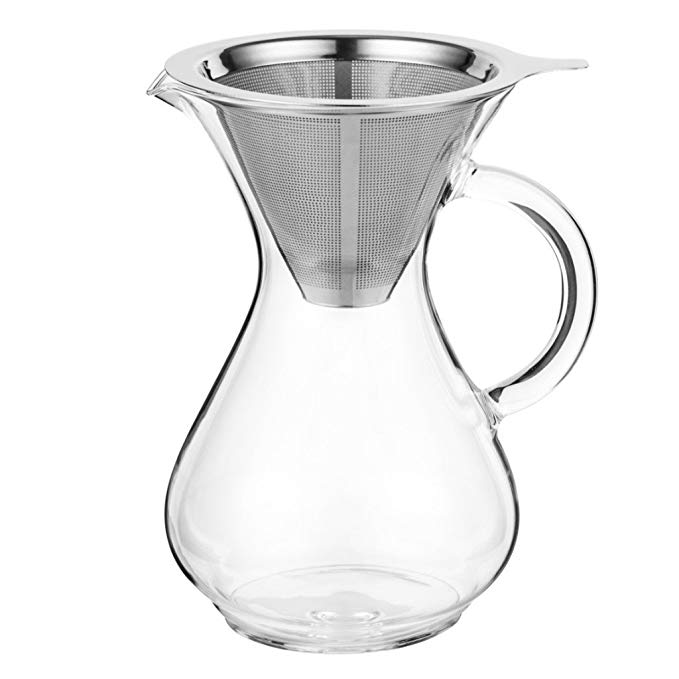 Pour Over Coffee Carafe by Coastline | 4 Cup Capacity (24 Ounces) | Hand Crafted Glass with Handle | Stainless Steel Reusable Filter | Perfect for Cold Brew Coffee | Hand Drip Coffee Maker