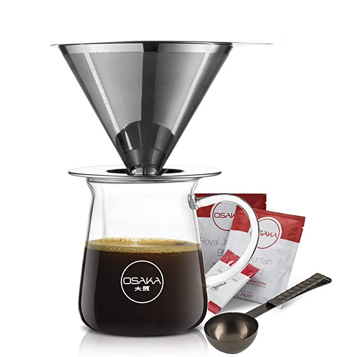 Osaka, Pour Over Coffee Dripper Starter Set – Full Brewing Kit For Pourover Coffee Lovers; Mug, Filter, Measuring Spoon And Coffee Samplers - (10oz./296ml) Capacity