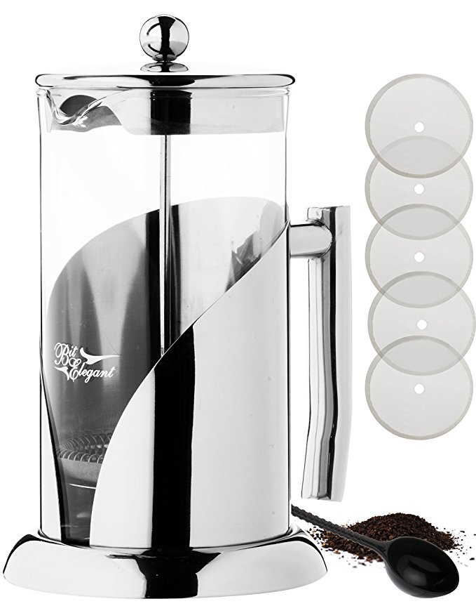 BitElegant French Press Coffee & Tea Maker, 34 Oz, 8 Coffee Cup, 4 US Cup/Mug, 1 Liter, Luxury Heavy Duty Stainless Steel and Borosilicate Glass Plunger, Pot No-Plastic